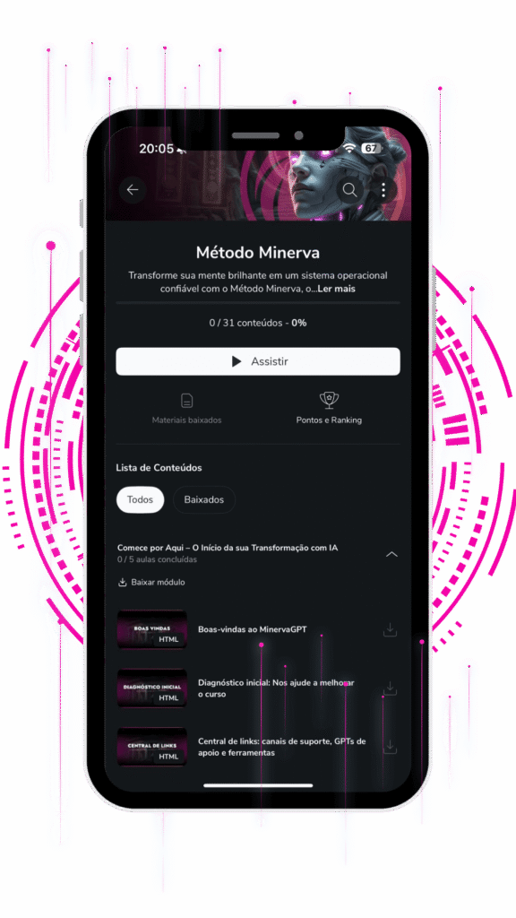 Tela do curso Método Minerva exibida em um smartphone, mostrando a interface do aluno com módulos de aprendizado sobre criação de inteligências artificiais personalizadas (GPTs customizados).